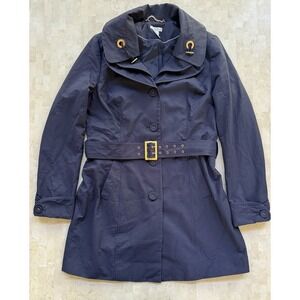CACHE Womens Trench Coat Rain Jacket Sz L Navy Blue Gold Hardware Belted Waist